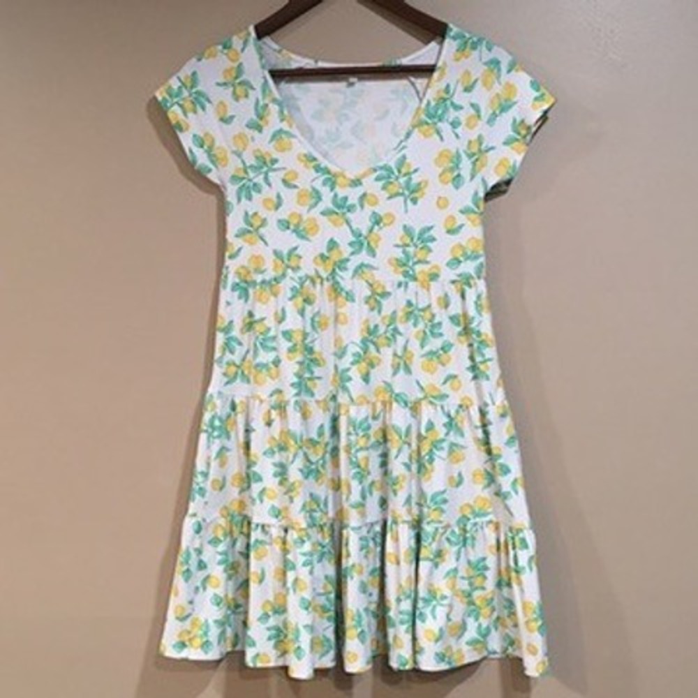 Ultra Flirt Lemon Print Tiered Babydoll Mini Dress Womens S White Cottage Boho